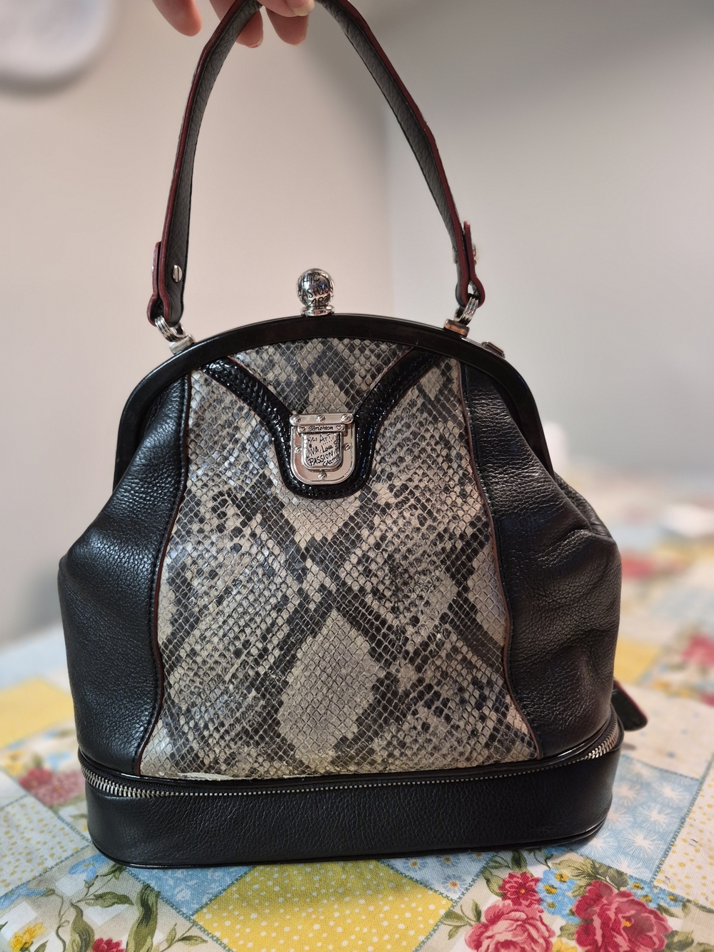Brighton Black and Snake-Print Satchel